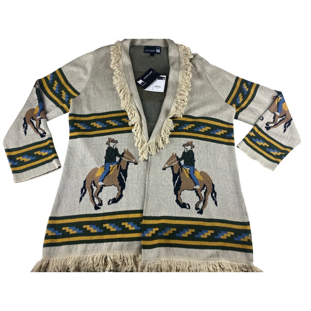 Antthony Original Western Cowboy Horse Fringe Cardigan Sweater Beige Plus 1X NEW